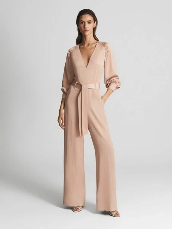 Reiss Elsa Blush Wide Leg Jumpsuit Belted V-Neck Long Sleeve Size 6 25270 - Picture 1 of 16